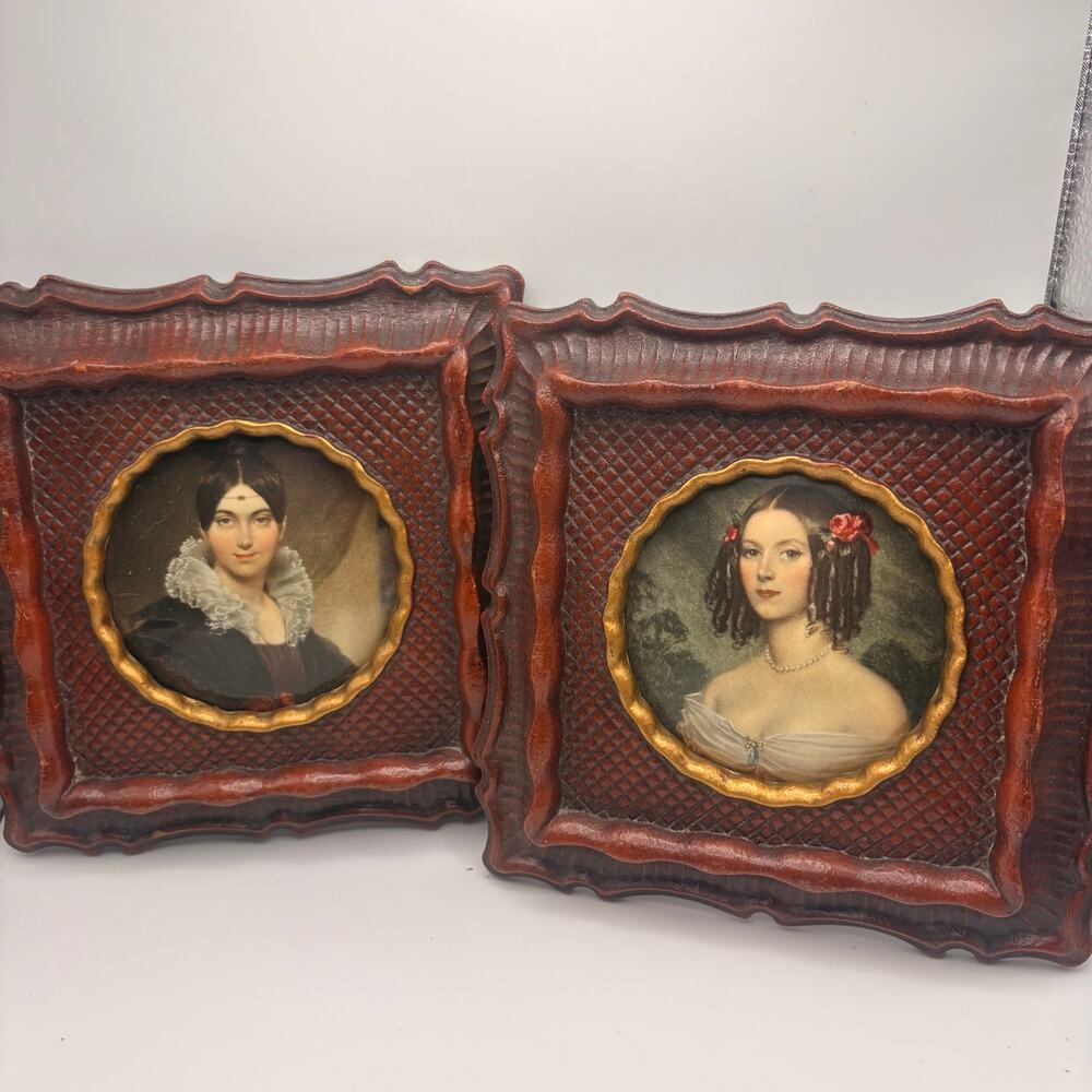 Biedermeier Portrait Miniature Pair Convex Glass Plastic Frame Coquette Decor